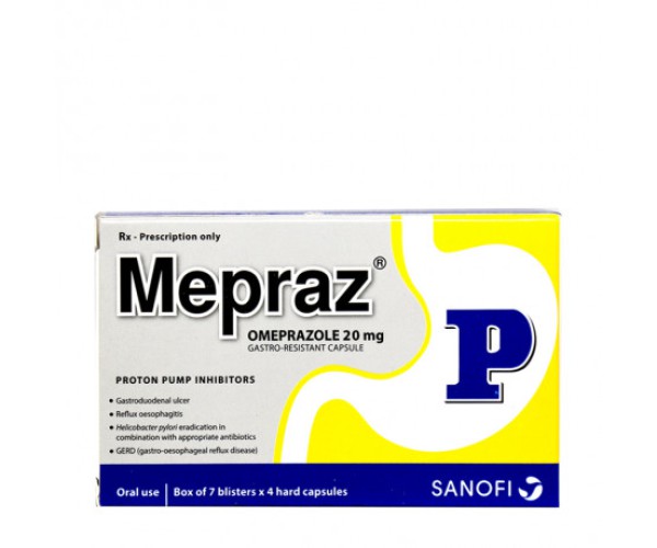 Thuốc điều trị loét dạ dày, tá tràng Mepraz 20mg (7 vỉ x 4 viên/hộp)