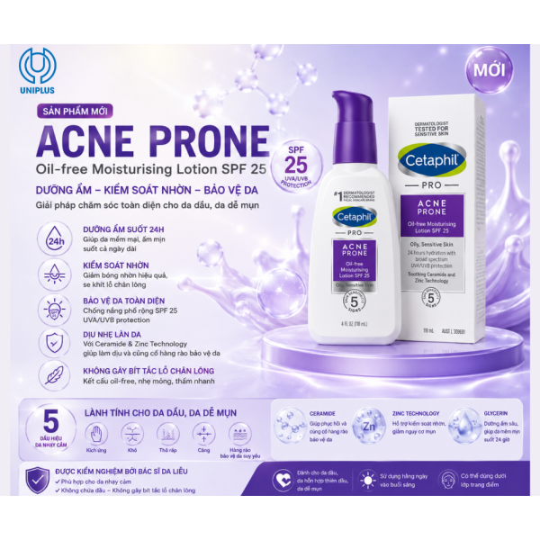 Sữa dưỡng ẩm Sữa dưỡng ẩm cho da dầu mụn nhạy cảm Cetaphil Pro Acne Prone Oil-free Moisturizing Lotion SPF 25 118ml