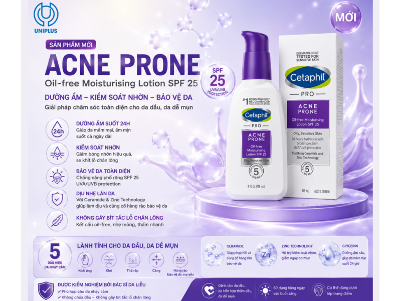 Sữa dưỡng ẩm Sữa dưỡng ẩm cho da dầu mụn nhạy cảm Cetaphil Pro Acne Prone Oil-free Moisturizing Lotion SPF 25  118ml 