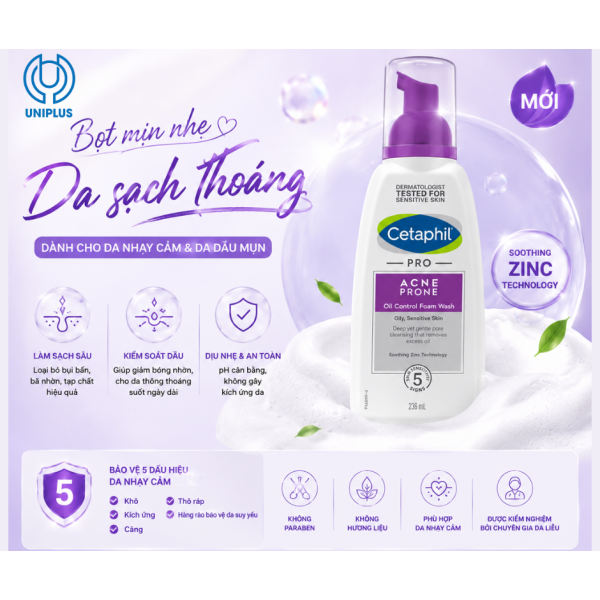 Sữa rửa mặt cho da dầu mụn nhạy cảm Cetaphil Pro Acne Prone Oil Control Foam Wash 236ml